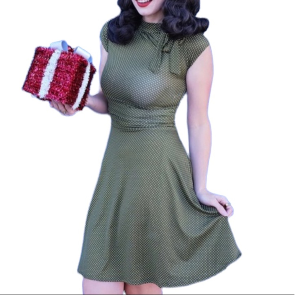 Retrolicious Olive Green Polka Dot Fit-and-Flare Dress